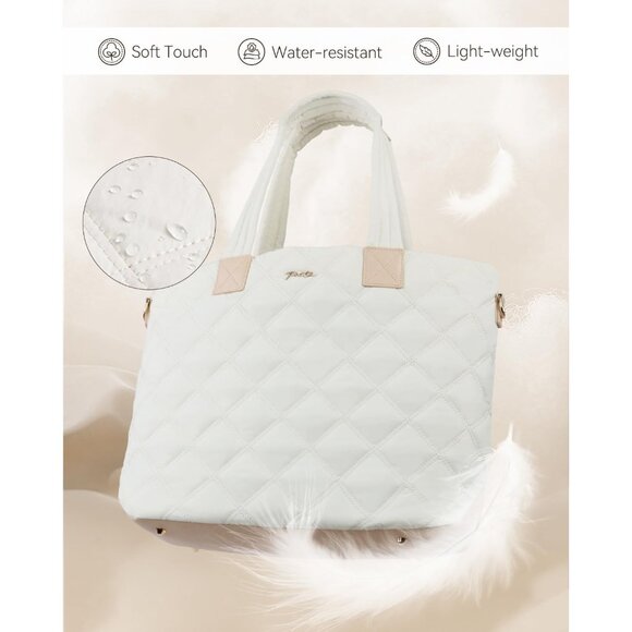 Prite Women Beige Polyester Compartment Quilted Puffer Shoulder Tote Work Bag - Picture 4 of 7